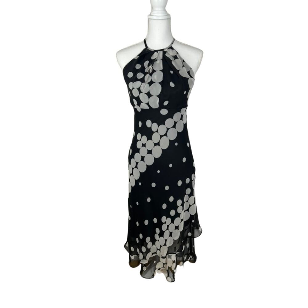 Citi Dress Black‎ w/ White Polka Dot Halter Fit & Flare Semi Sheer Midi Dress 4